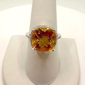 6ct cushion cut‎ citrine, cz accents and stamped sterling silver ring!